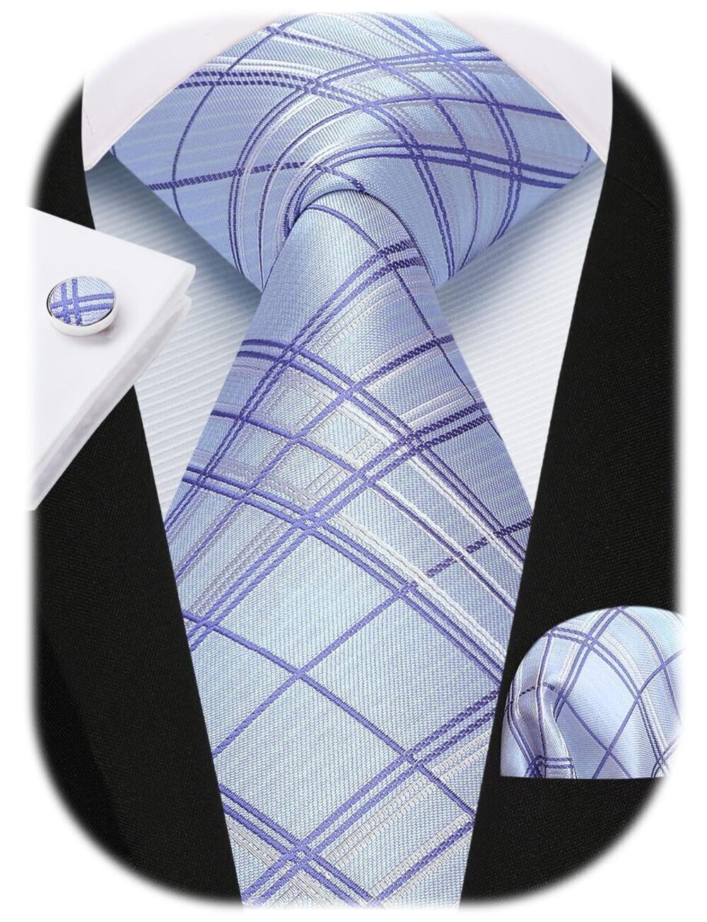 1578 Purple Ties Plaid Silk Necktie with Pocket Square Cufflinks Set Plum